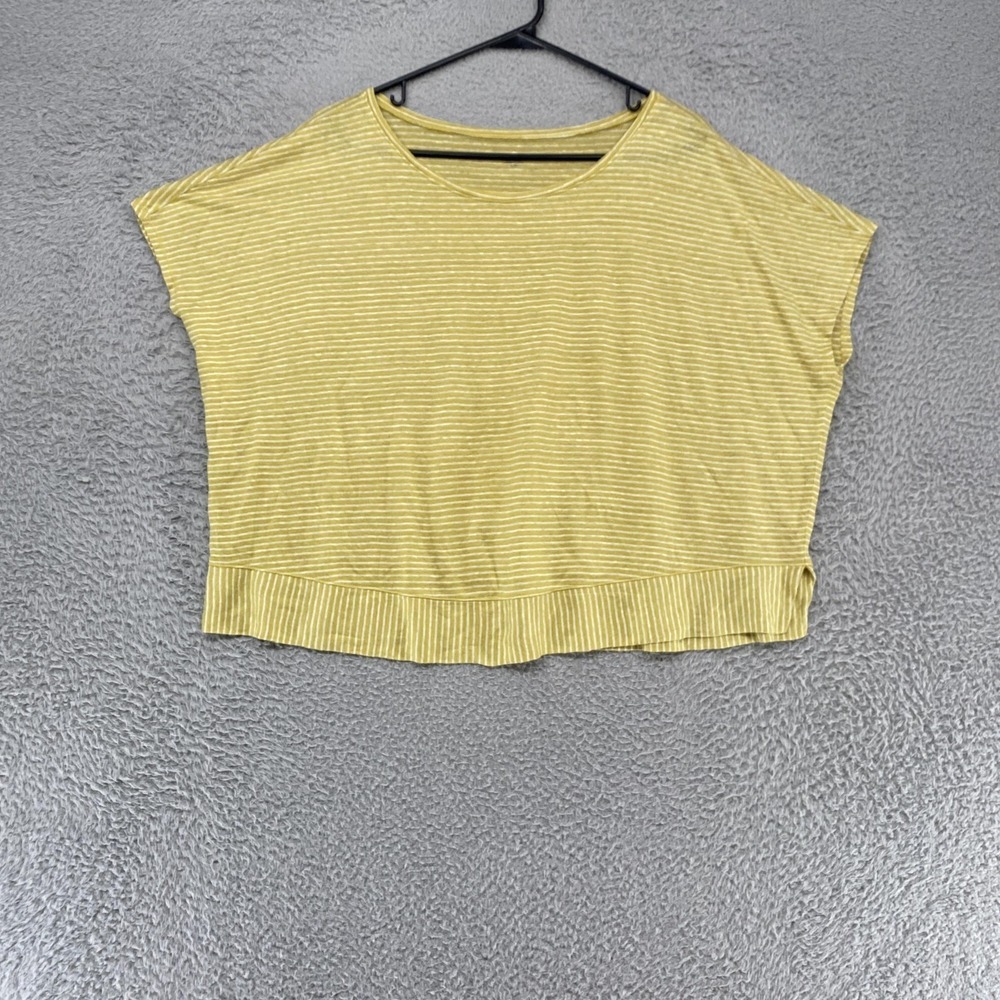 Eileen Fisher Linen Stripe T-Shirt Womens Large Yellow Cropped Dolman Boxy